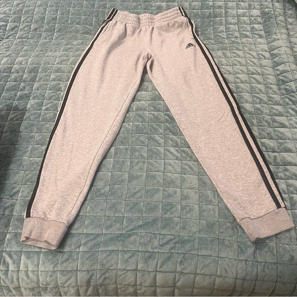 Adidas Kids Light Gray Sweatpants with Black Stripes - Size Large